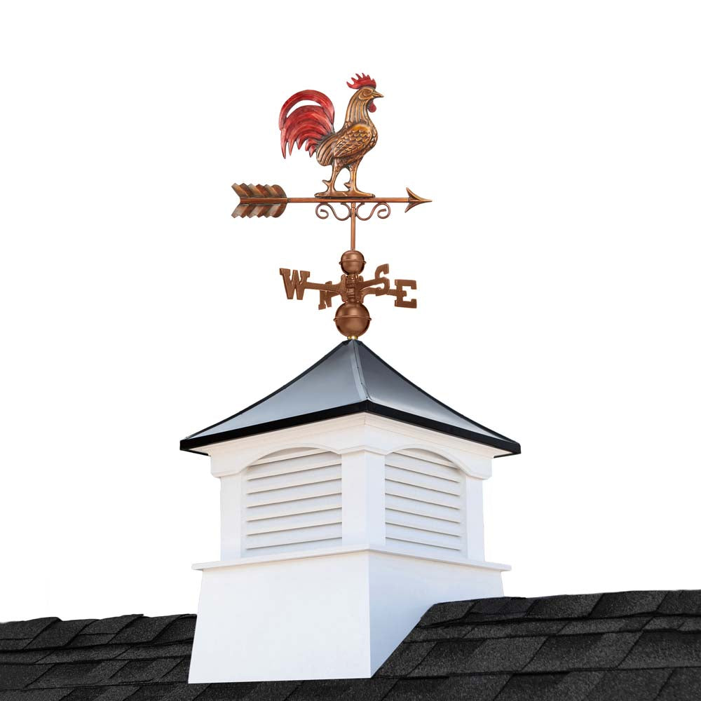 Square Coventry Vinyl Cupola with Black Aluminum Roof and Copper Bantam Red Rooster Weathervane