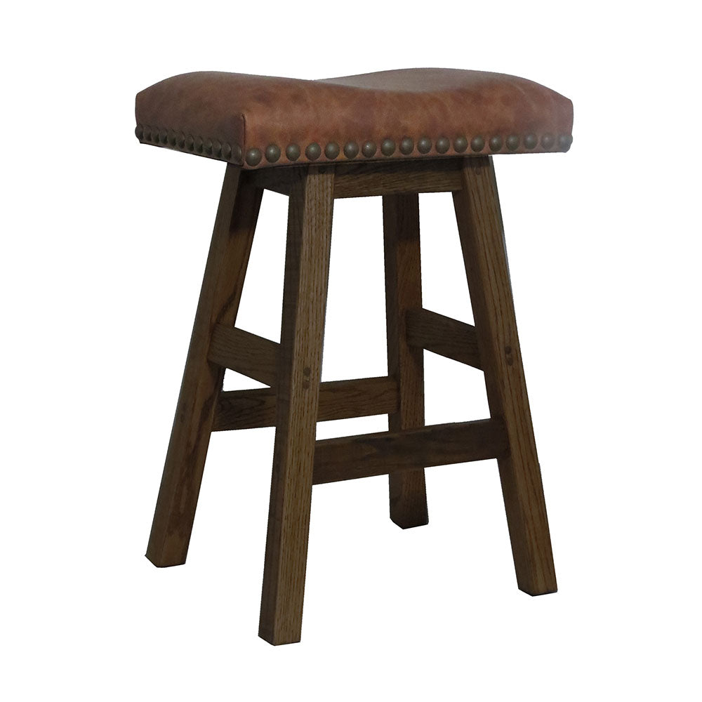 Distressed Oak Bar Stool - Leather Saddle Seat
