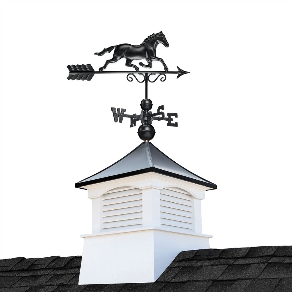 Square Coventry Vinyl Cupola with Black Aluminum Roof and Black Aluminum Horse Weathervane