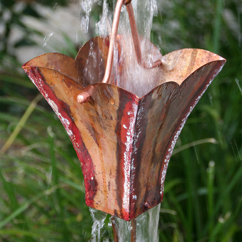 Large Square Cups Aged Copper Rain Chain with water flowing through cup