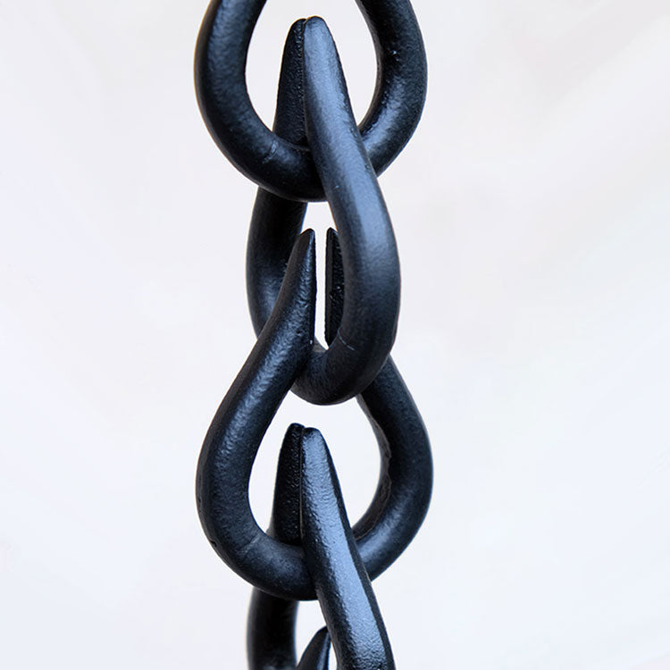 Close up of black droplet rain chain showing detail