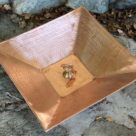 16" Square Hammered Copper Dish with Loop for securing rain chain to the ground