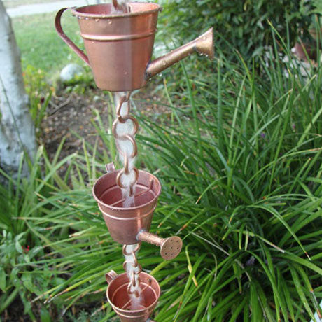 Watering Can copper Cups Rain Chain with water flowing through watering can shaped cups
